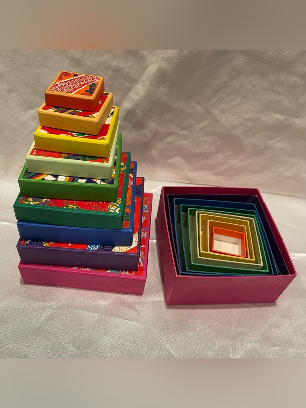 Nesting Boxes Floral Design 9 Boxes Cardboard Artistic Covers Colorful Vintage